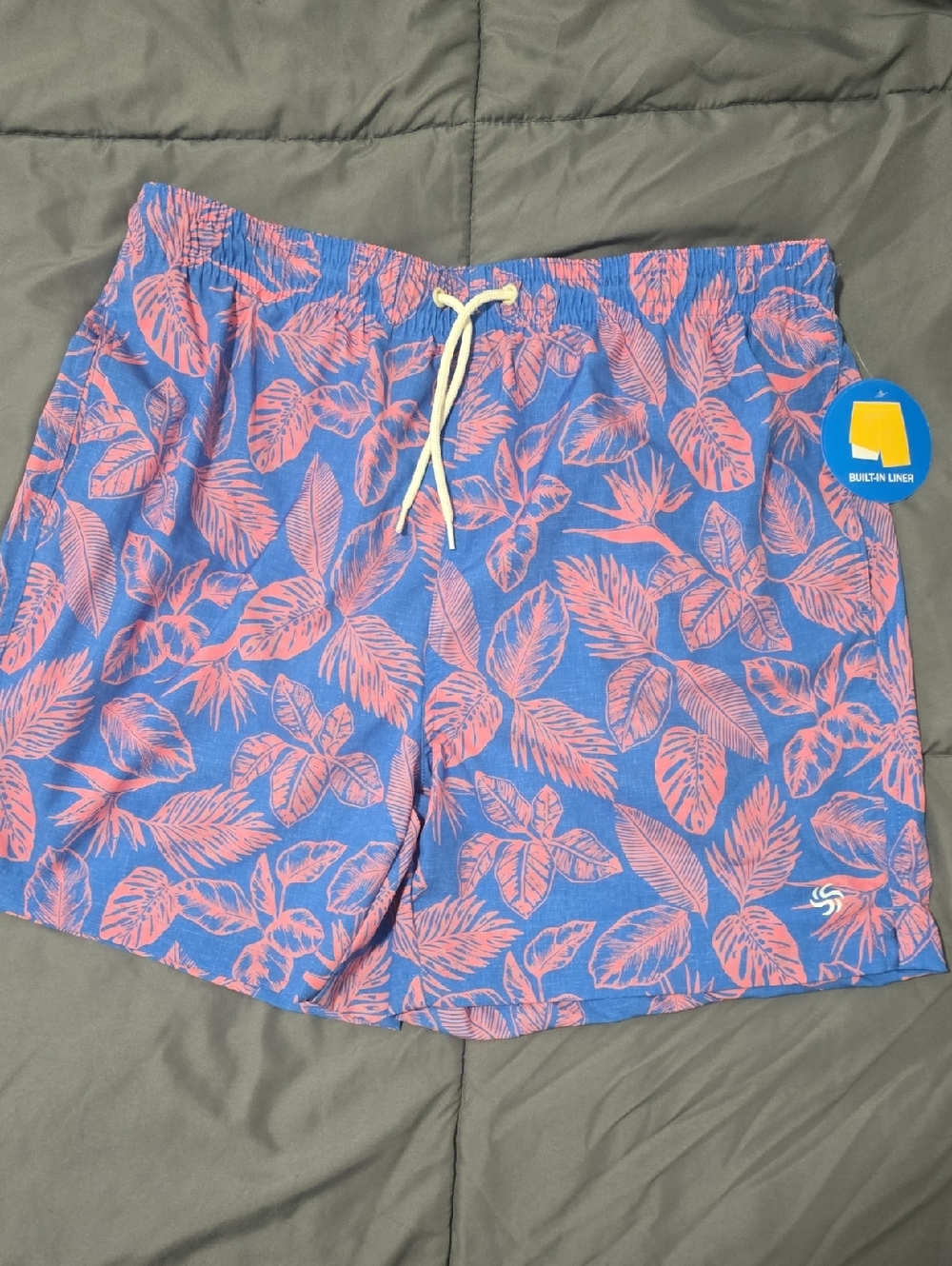 Men's Tropical Blue & Pink Swim Trunks with Drawstring